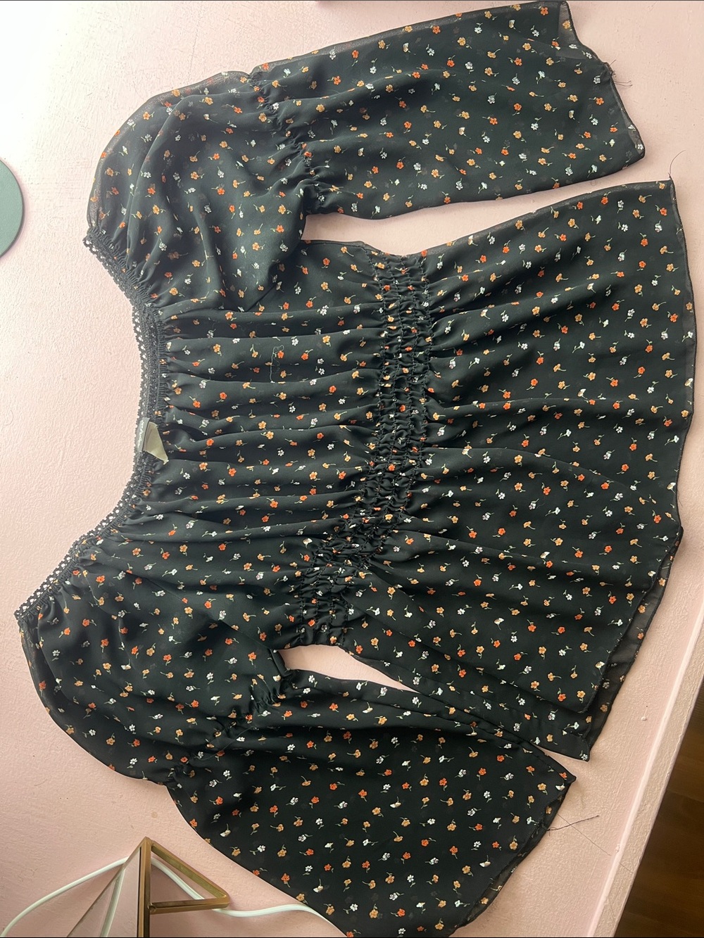 Black Floral Smocked-Waist Peasant Blouse